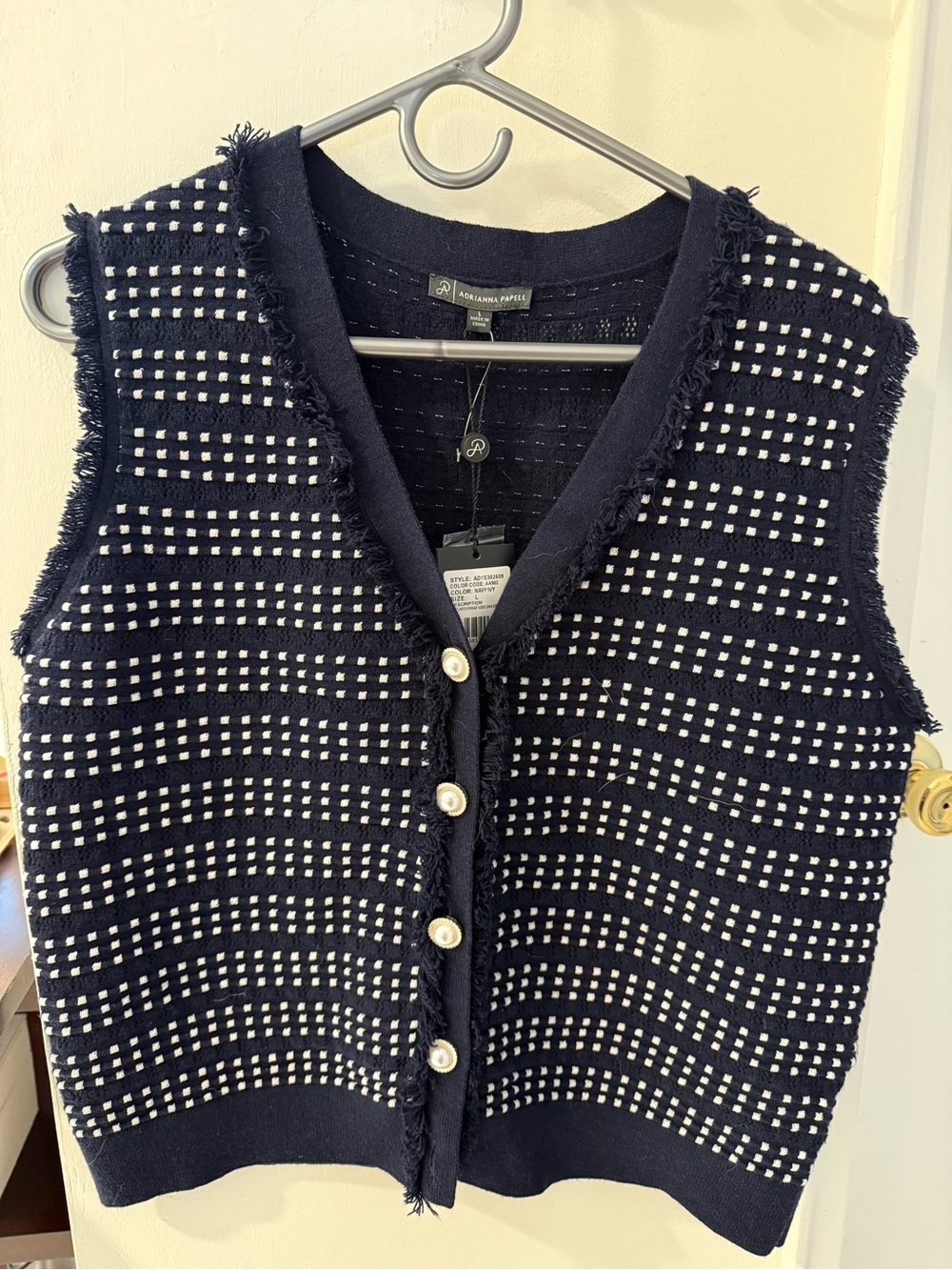 Adrianna Papell Navy and White Knit Button-Front Sweater Vest
